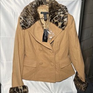 INC International Concepts Tan Pea Coat with Leopard Trim